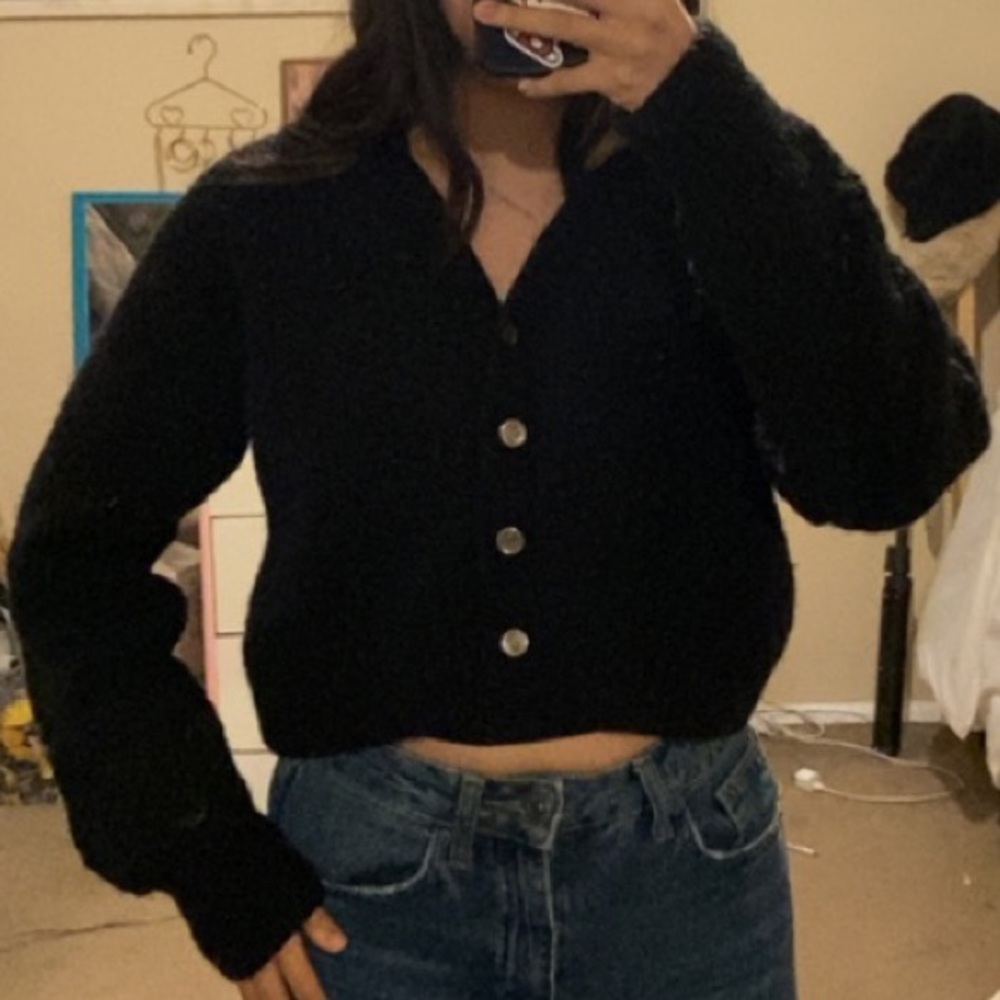 black hand knit crop cardigan sweater